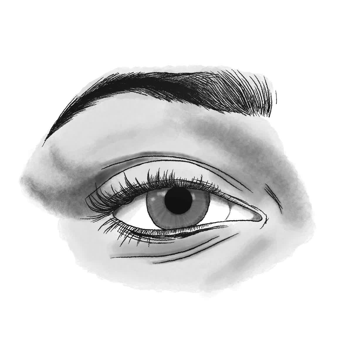 Grey realistic human eye with a dark, detailed eyebrow above it and long lashes.