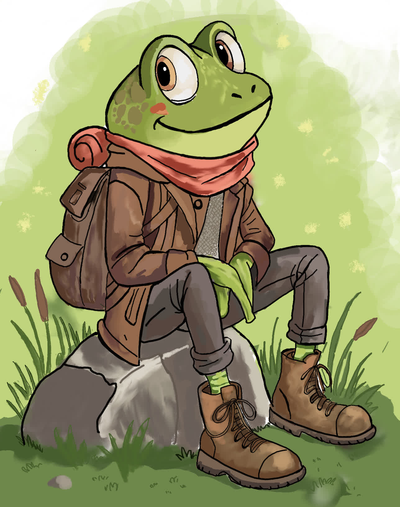 Cartoon frog wearing a brown jacket, red scarf and hiking boots, sitting on a rock and looking up.