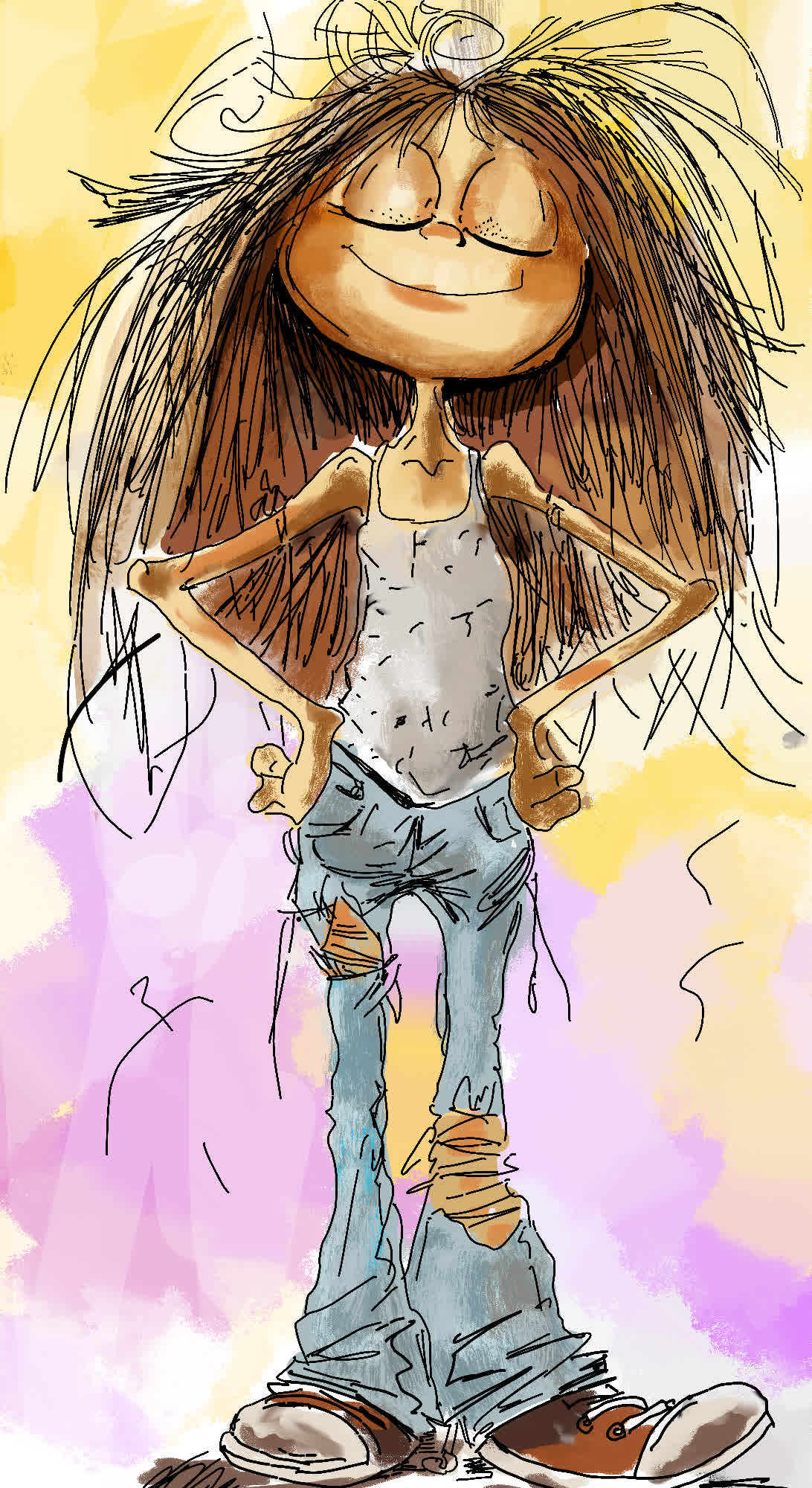 Cartoon figure with a large smiling face, closed eyes, messy brown hair, hands on hips, ripped jeans and sneakers.