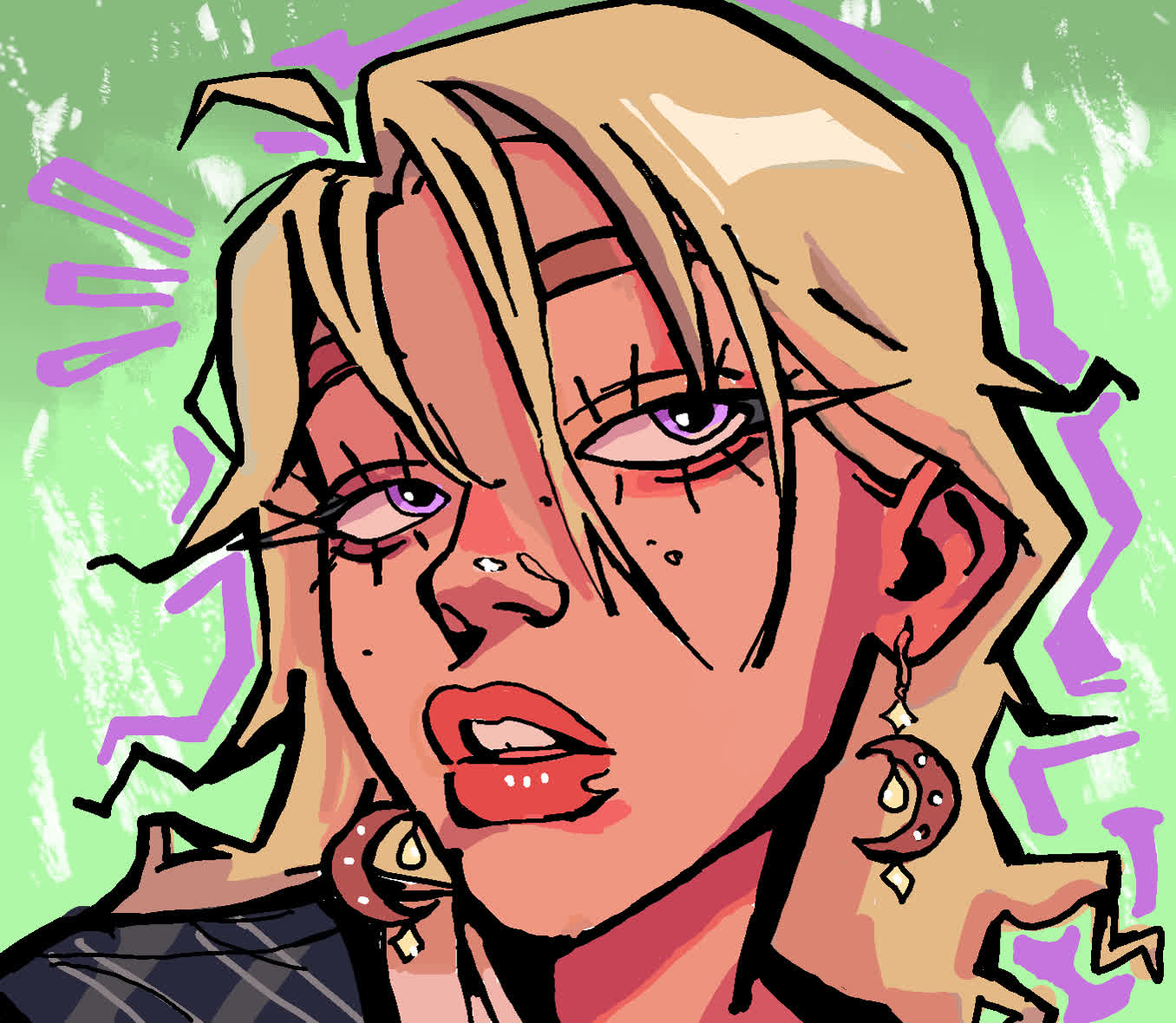 Close-up of a blonde woman with purple eyes, red lips and crescent moon earrings against a green background.