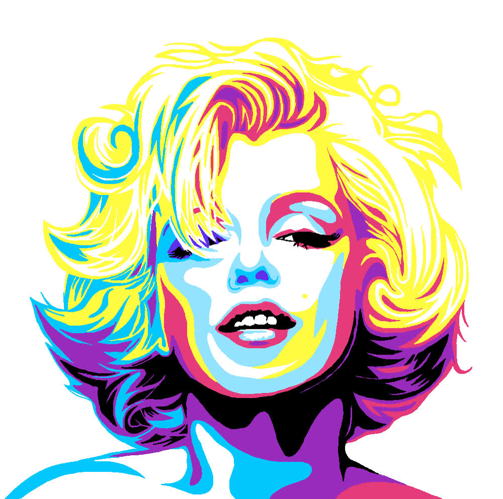 Pop art woman with curly blonde hair, closed eyes and red lips in cyan, yellow and pink blocks.