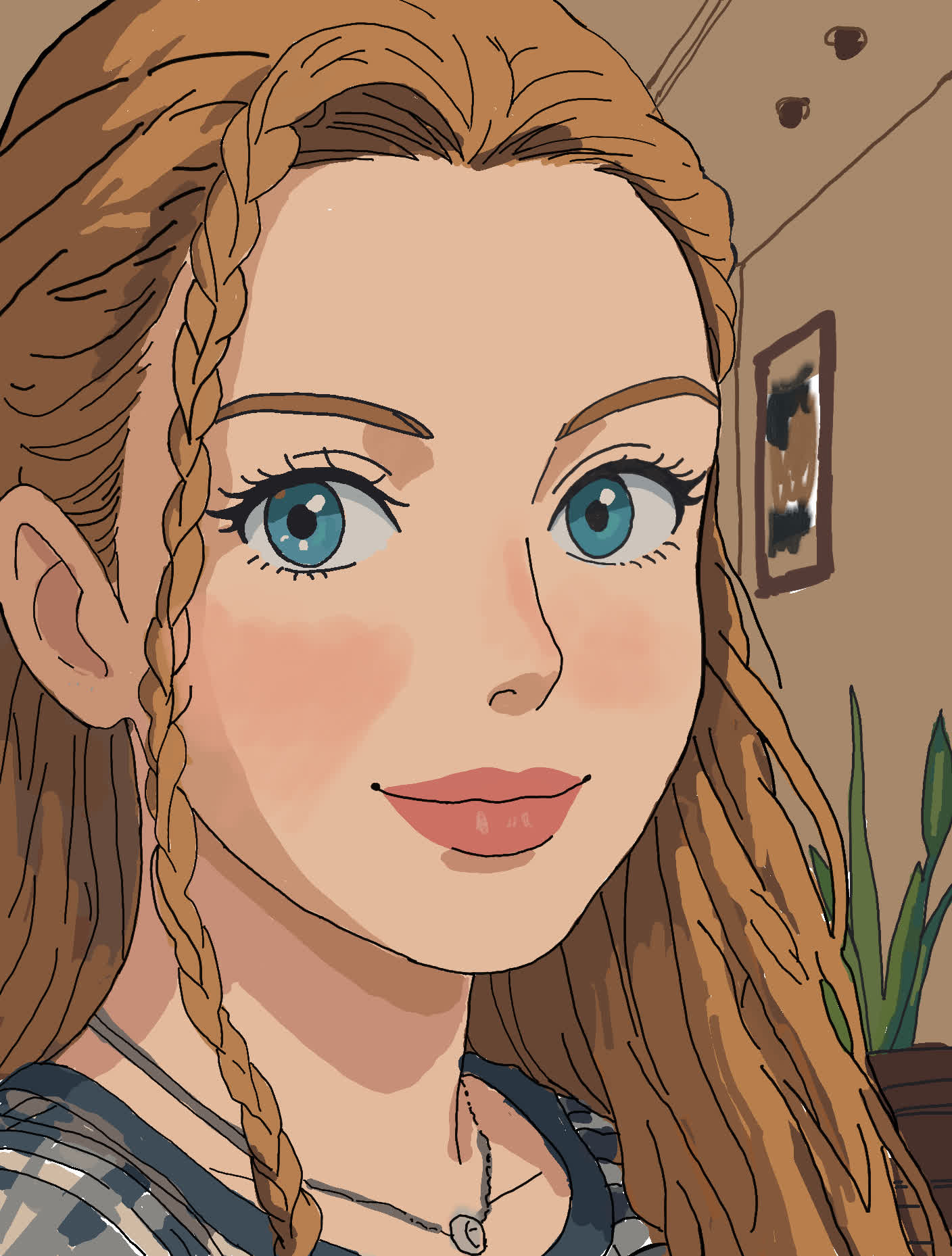 Smiling girl with blue eyes and long braided auburn hair, with a plaid top and a plant behind her.