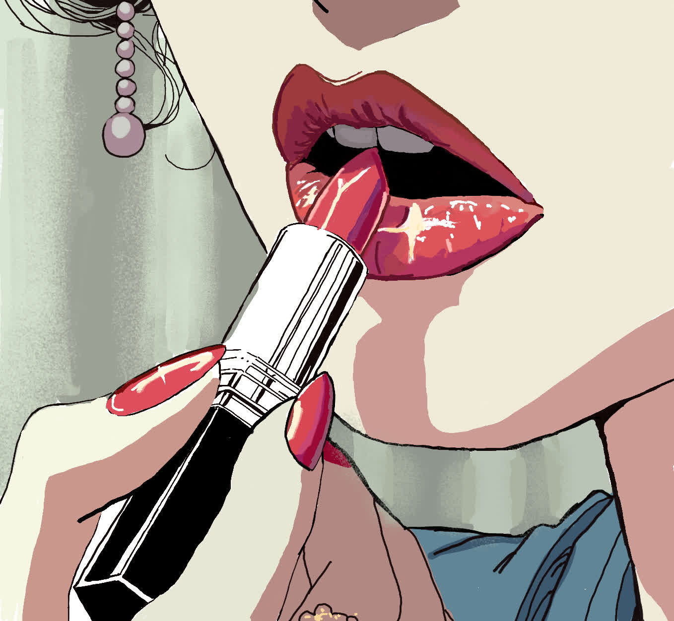 Close-up of red glossy lips parted beside a red lipstick, with red nails and a pearl earring.