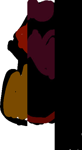 Flat dark maroon, red and brown shapes on a black background, fitted together like puzzle pieces.