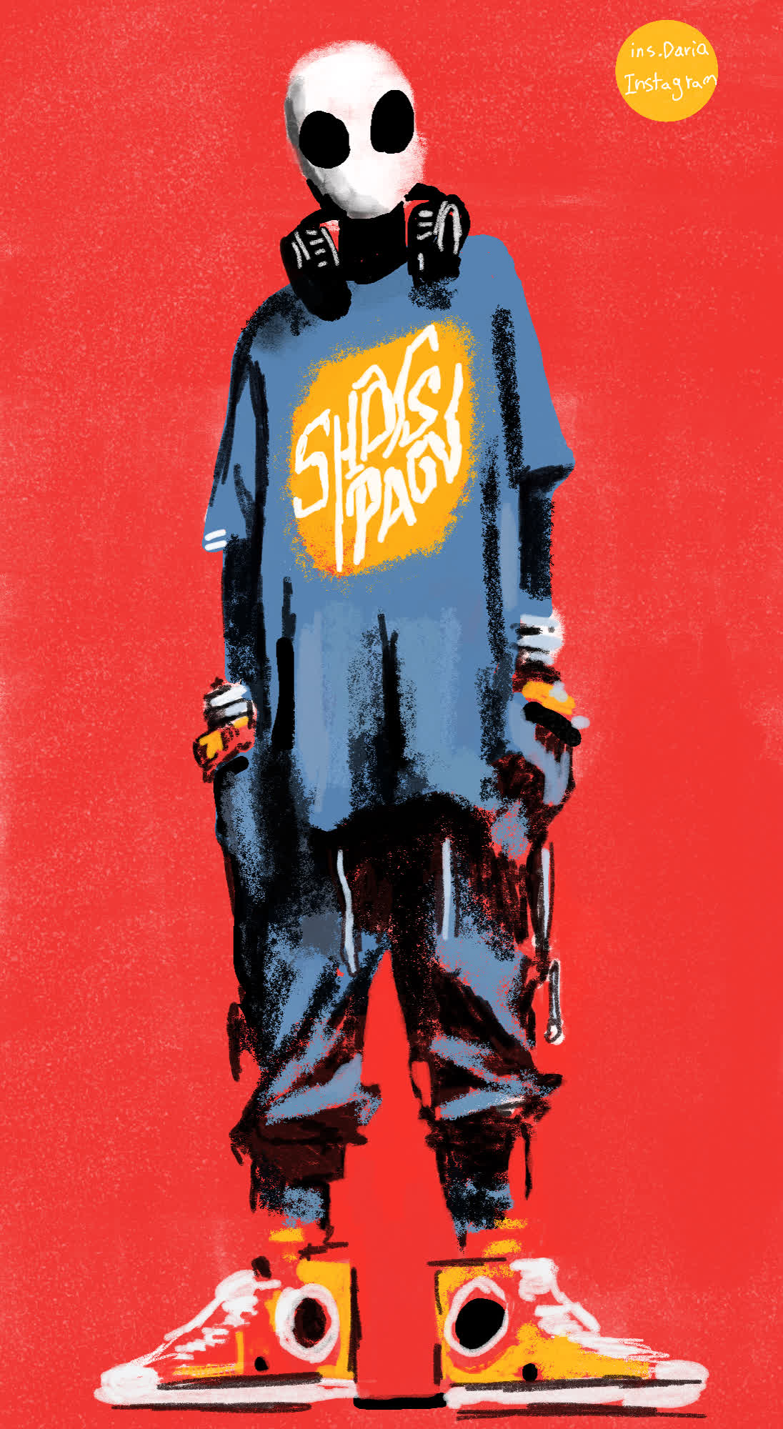 A figure with a white skull mask and black goggles wears a blue oversized shirt with an orange logo, holding spray cans, against red.