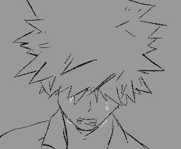 Anime-Junge mit wilden, spitzen Haaren und Augen im Schatten, in grauen Bleistiftlinien gezeichnet.