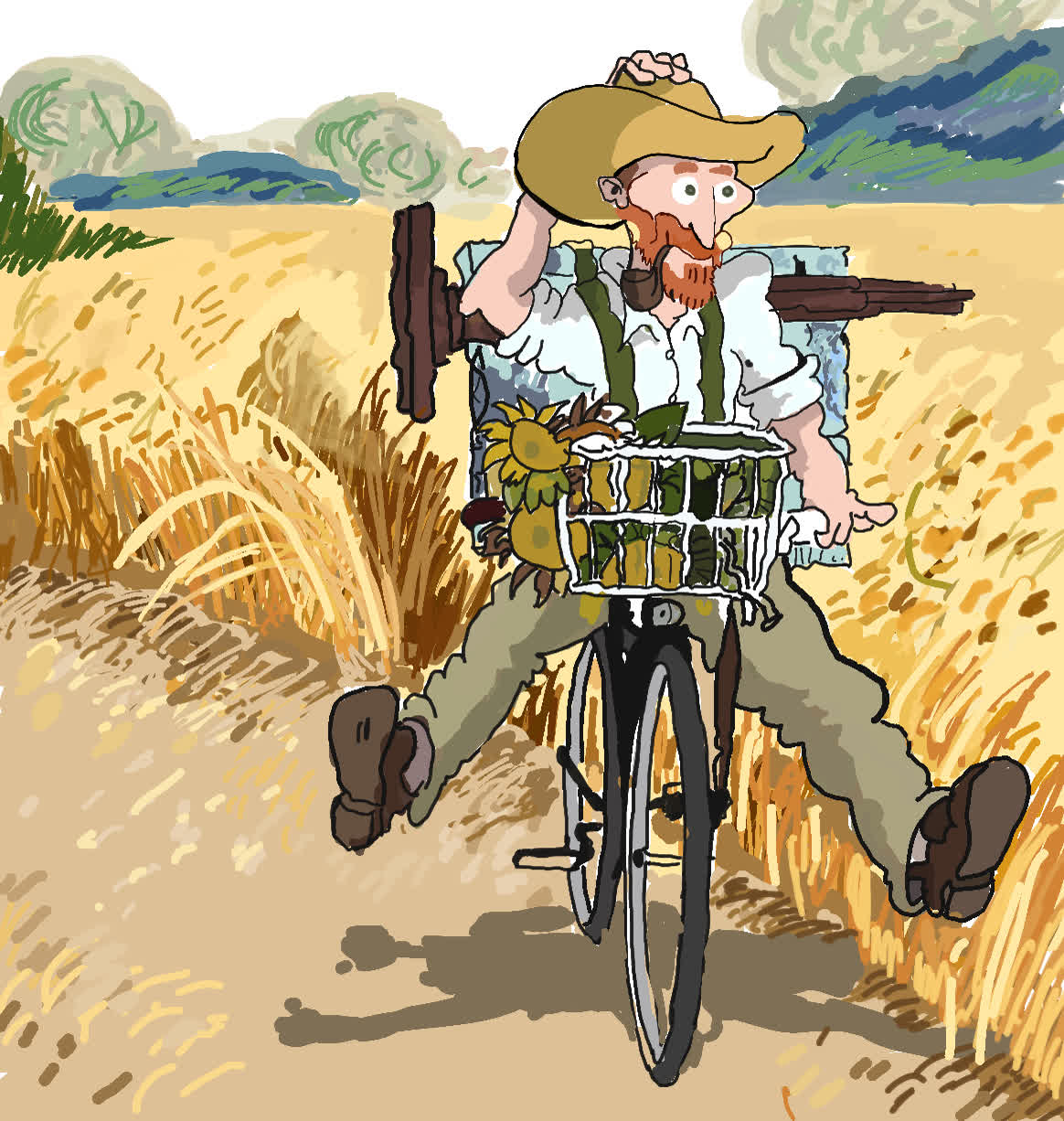 Bearded man in a straw hat cycling through wheat with sunflowers in the bicycle basket