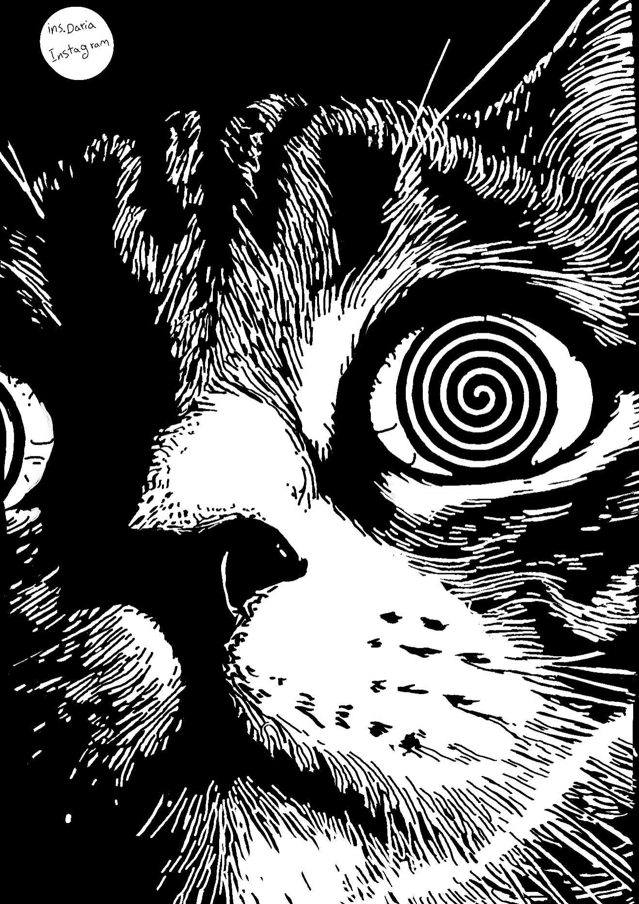 Nahaufnahme einer getigerten Katze mit weißem Spiralmuster im großen dunklen Auge, schwarz-weiß gezeichnet.