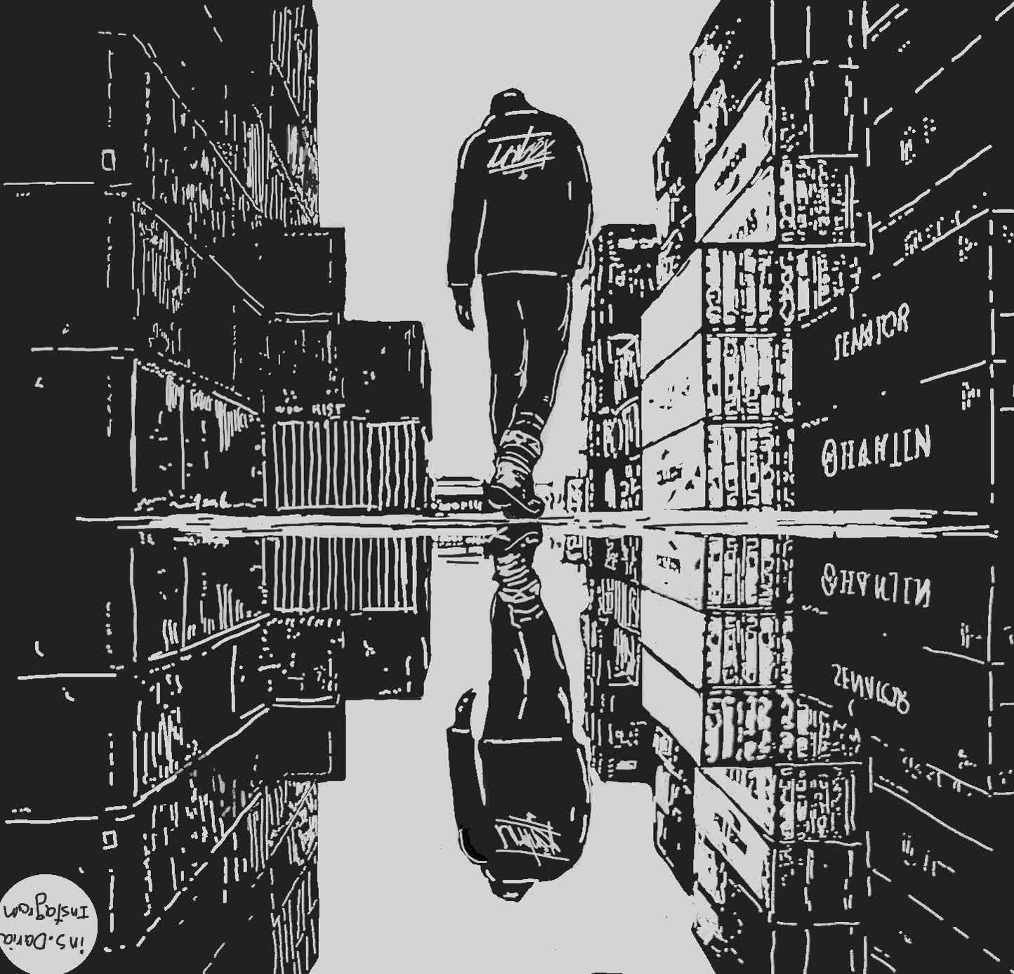 A hooded figure walks down a street while tall buildings are reflected upside down in the wet pavement.