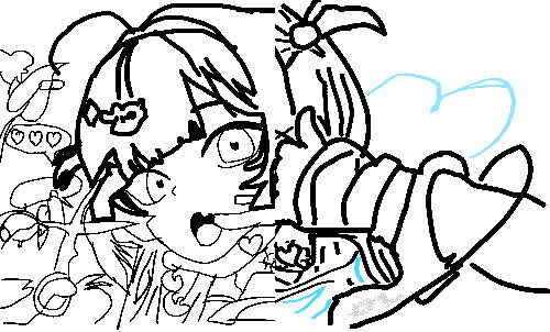 Black line drawing of an anime girl with a hair bow, open mouth and raised hands, with small hearts around her.