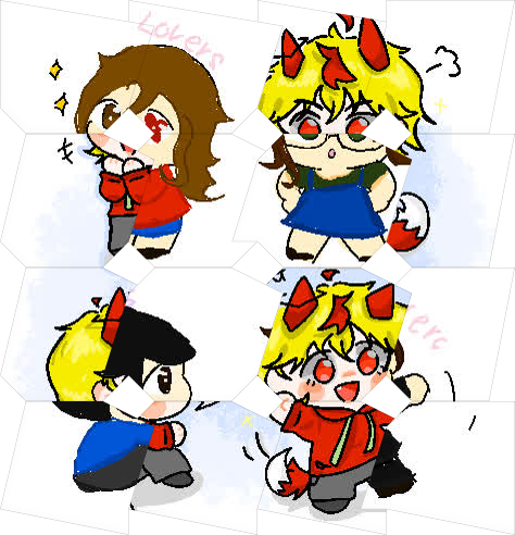 Cuatro personajes chibi: chica de pelo castaño de rojo, dos personajes rubios con cuernos y gafas, y chico de pelo negro de azul.