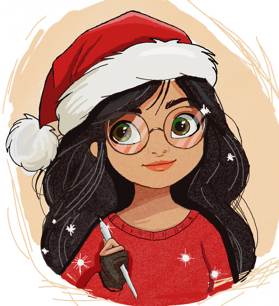 Lächelndes Mädchen mit langen schwarzen Haaren und runder Brille, roter Weihnachtsmütze und rotem Pullover vor pfirsichfarbenem Hintergrund.