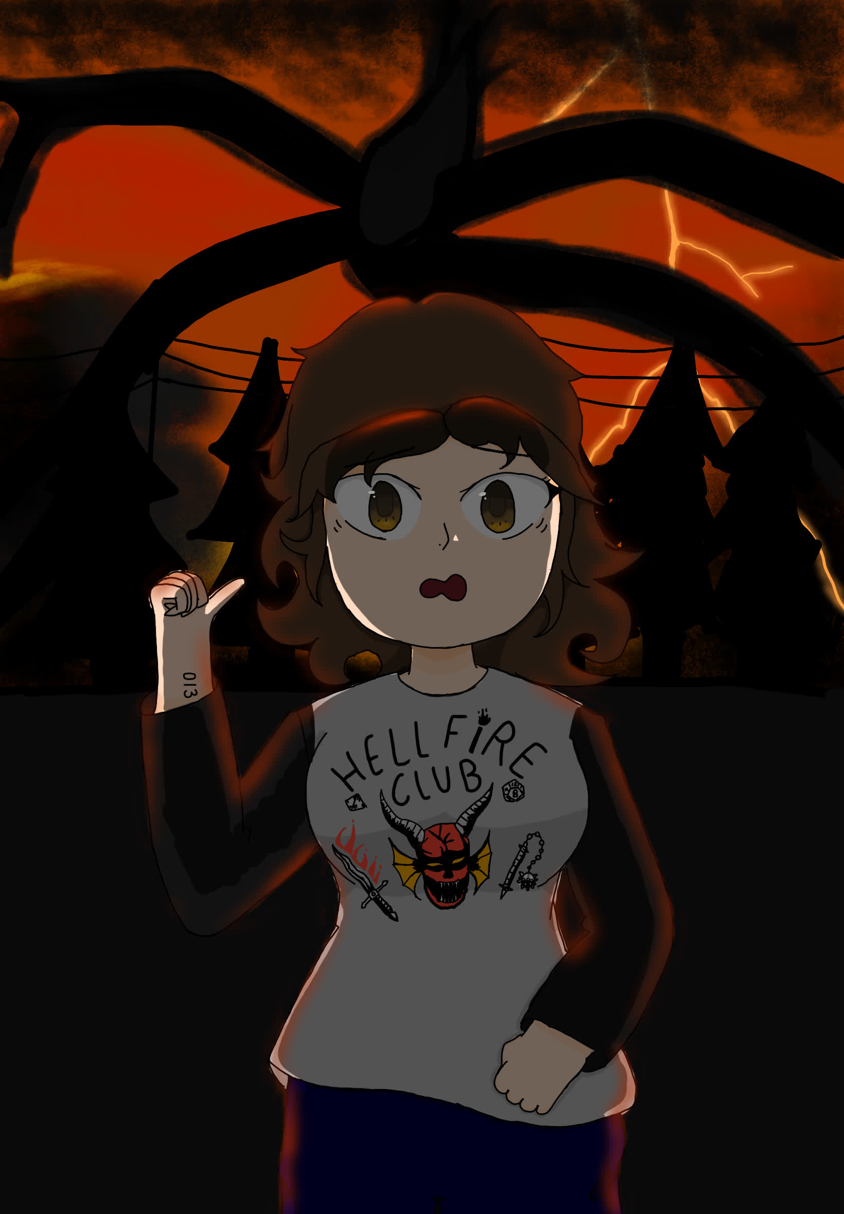 Eleven from Stranger Things with brown curly hair, raising a hand under a giant dark tree shadow and orange sky.