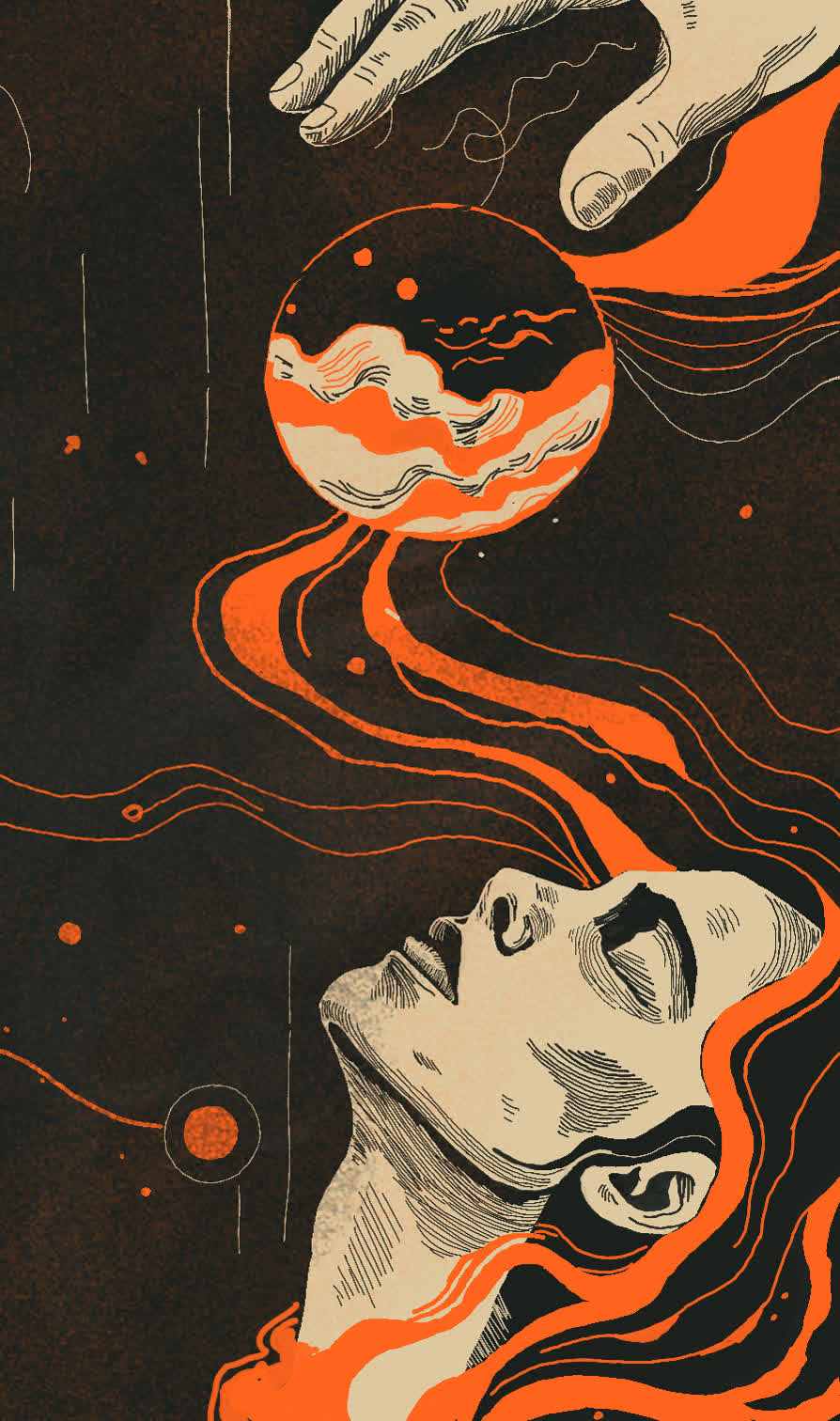 Woman with closed eyes, hair flowing up toward a striped orb held by a hand at the top.