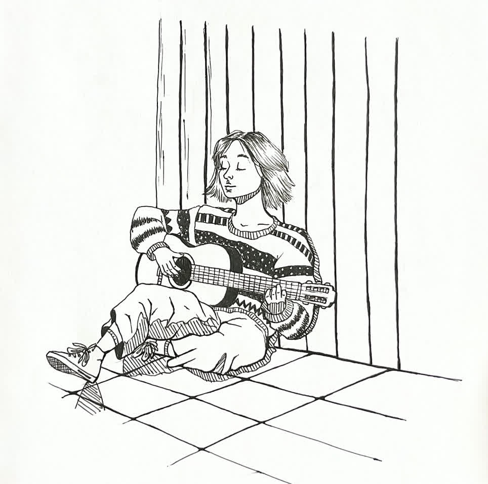 A girl with shoulder-length hair and closed eyes sits on a tiled floor playing an acoustic guitar in front of tall vertical lines.