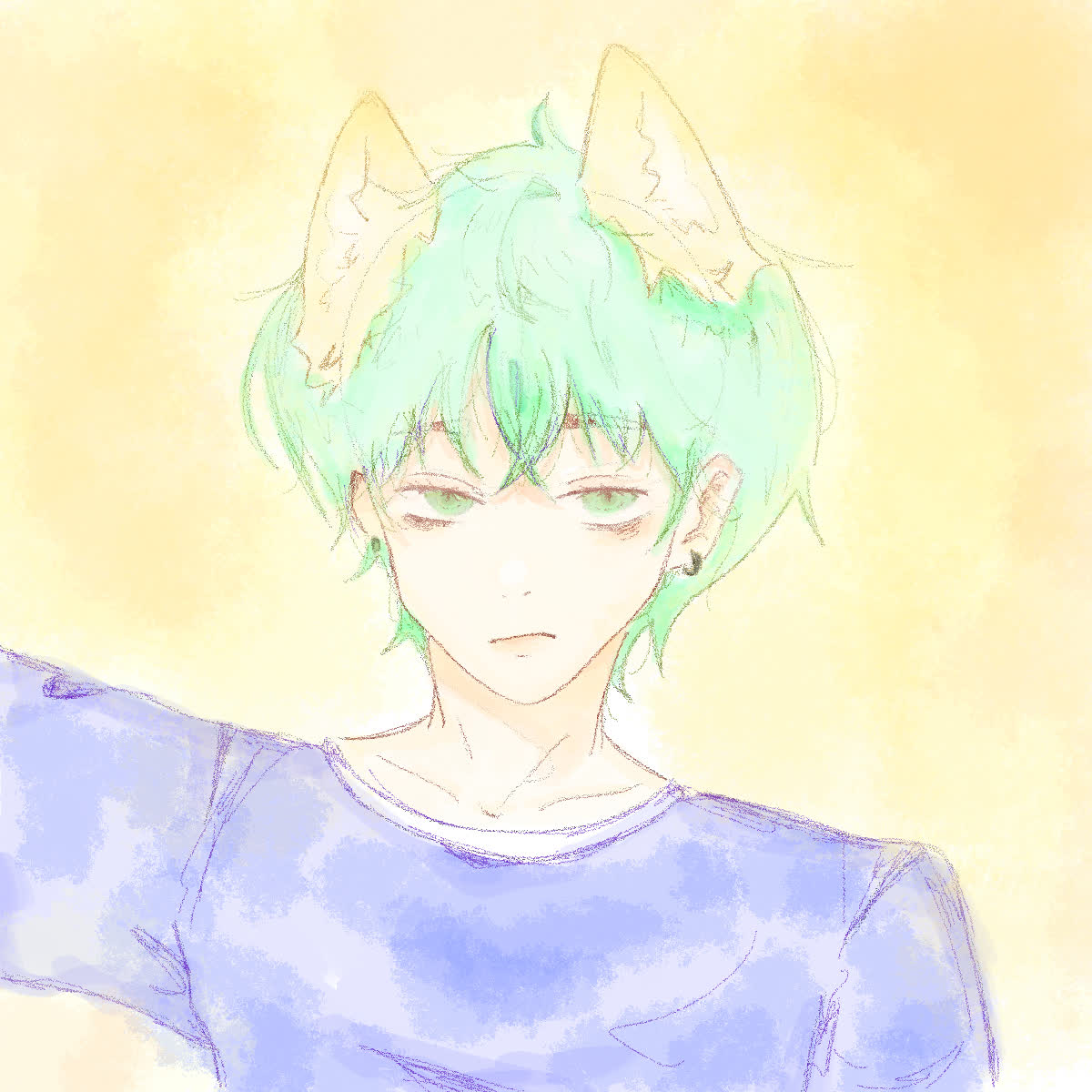 Anime boy with green hair, fox ears and a blue shirt against a yellow background.