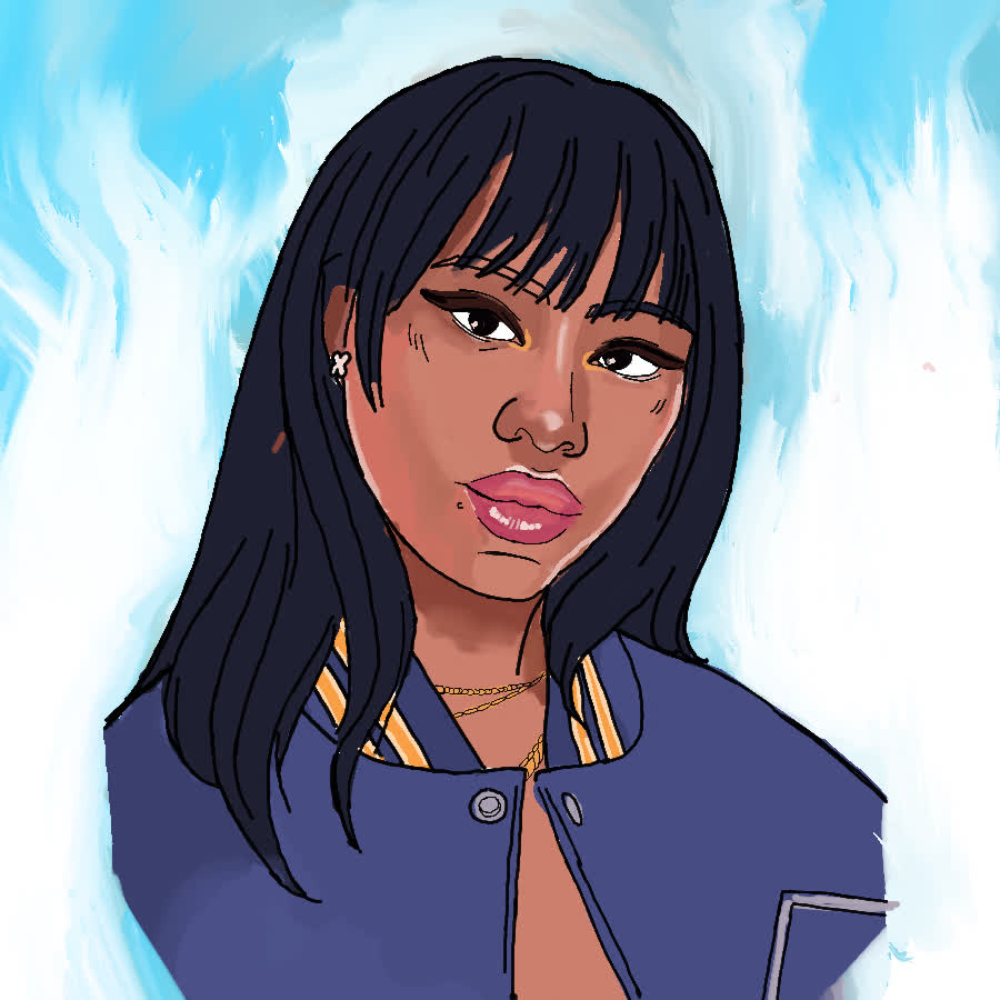 Woman with long black bangs and a navy varsity jacket, looking sideways against a blue and white brushed background.