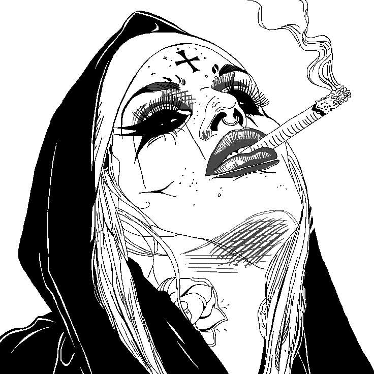 Hooded woman with a cross on her forehead blowing smoke from a cigarette, drawn in black ink.