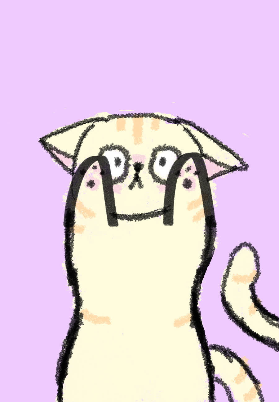 A cream tabby cat with big round eyes and a small smile, sitting on a lilac background.