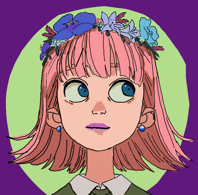 Mädchen mit rosa Bob und blauem Blumenkranz blickt seitlich vor grünem Hintergrund.
