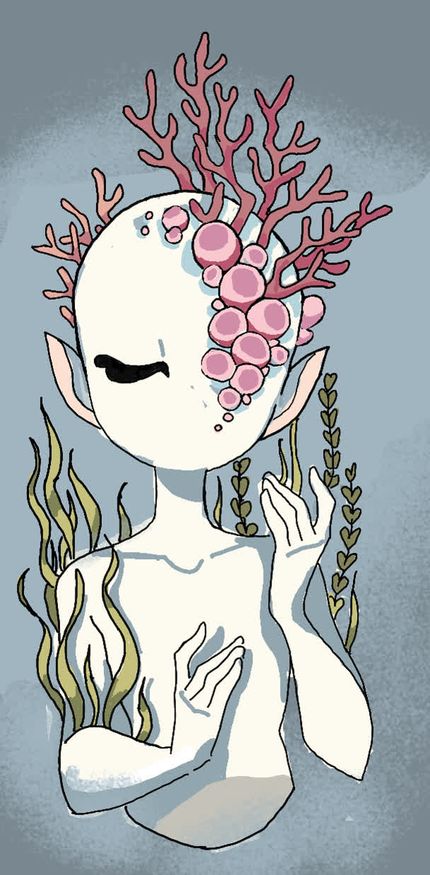 Pale figure with closed eyes, pink coral and bubbles growing from head, green seaweed behind arms.