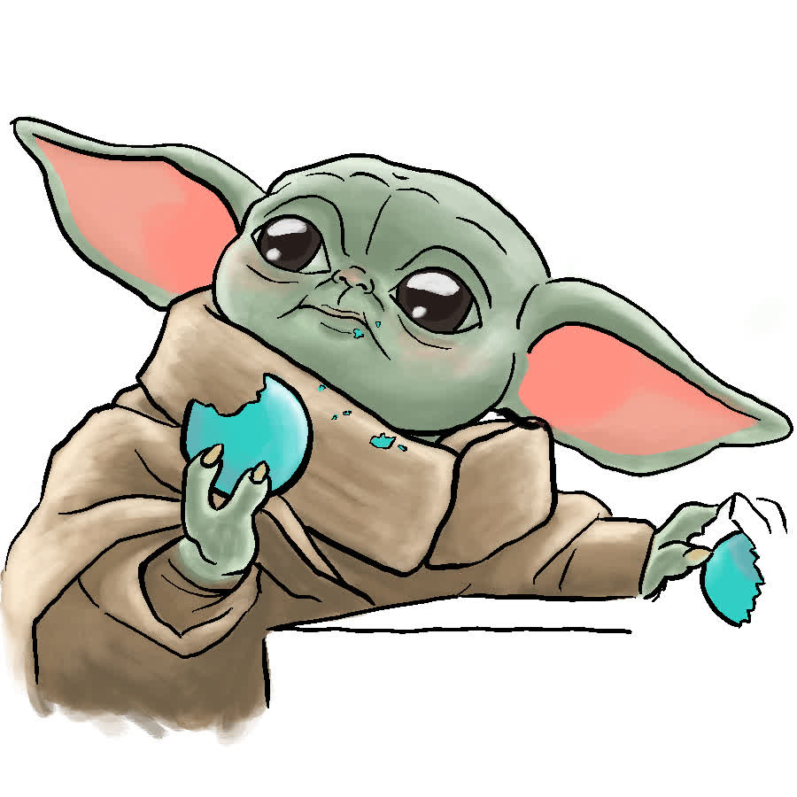 Grogu, the baby character from The Mandalorian, holds a bitten blue cookie in a brown robe.
