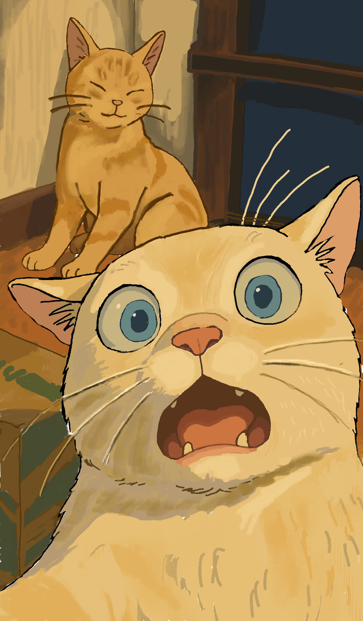 A startled cream cat with wide blue eyes and an open mouth in front, and a ginger cat with closed eyes sitting behind it.