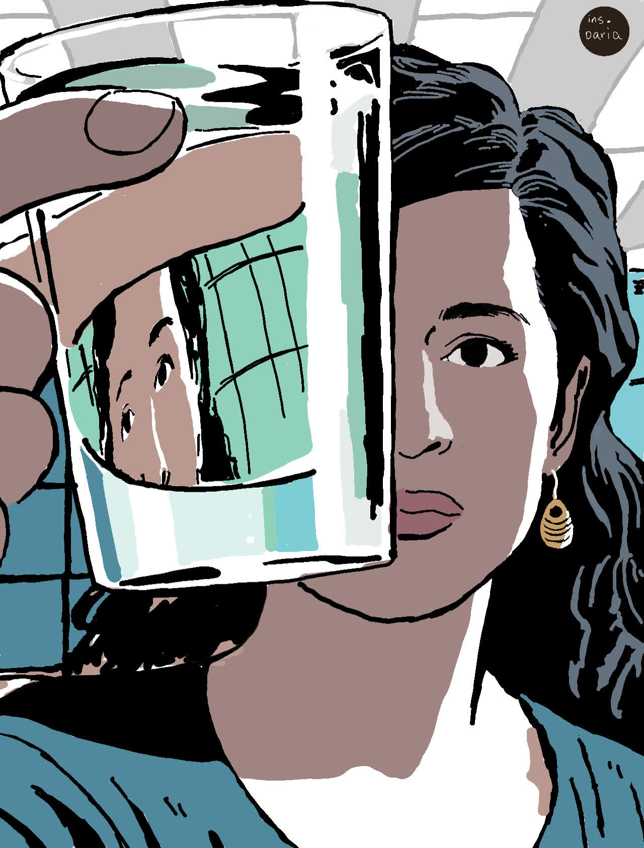 A woman's face partly hidden by a hand holding a glass of water, with her reflection visible inside the glass.
