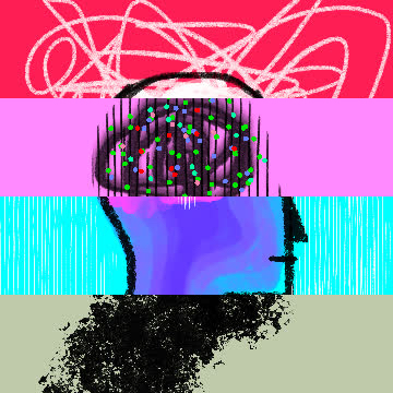 Dark head outline with green dots and purple shading over pink, cyan and magenta stripes, with white scribbles at top.