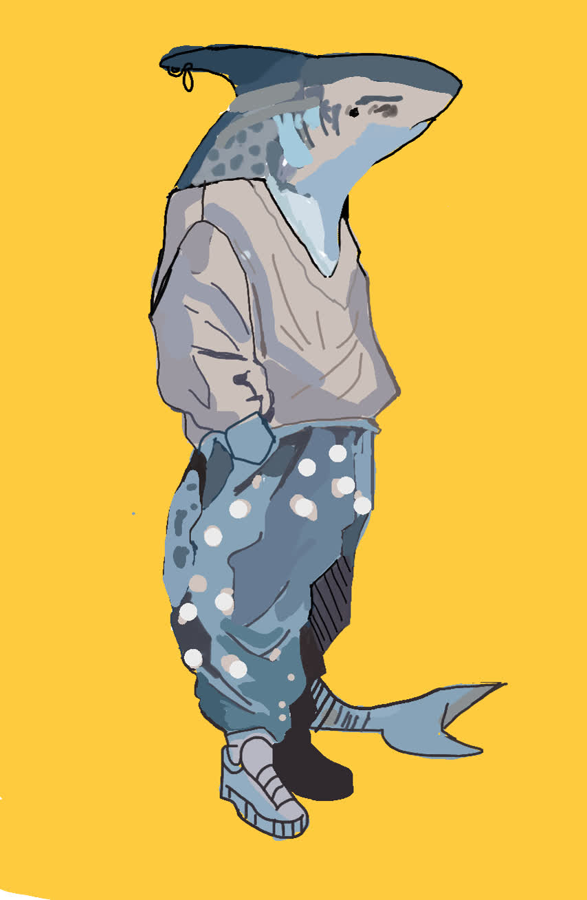 A standing anthropomorphic shark wearing a grey sweater and polka dot pants on a yellow background.