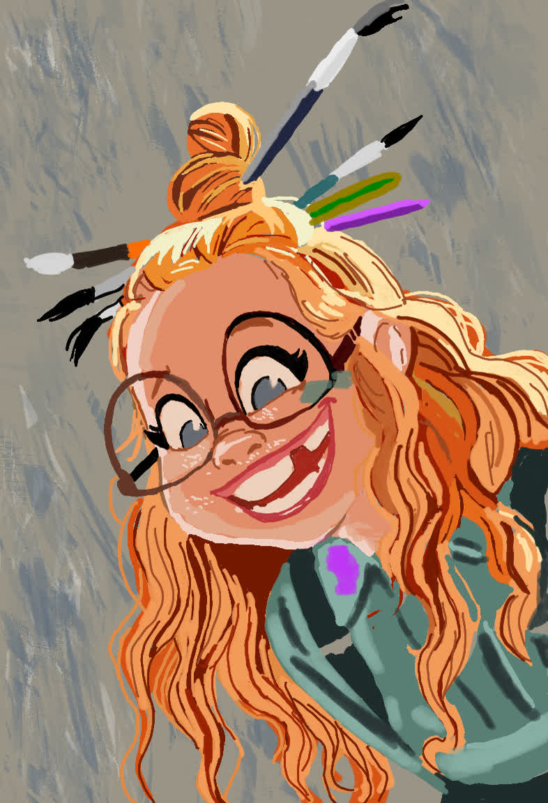 Smiling girl with red wavy hair, round glasses and three paintbrushes stuck in her bun, against a grey background.