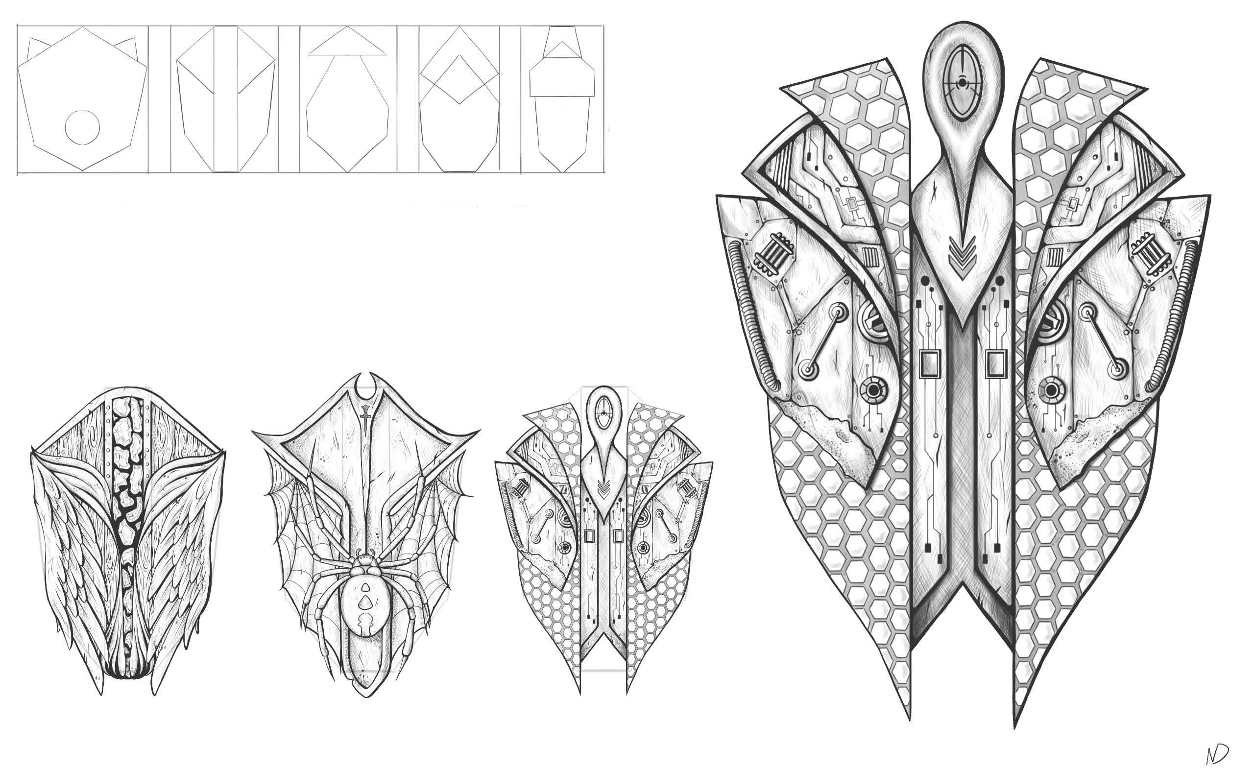 Symmetrical beetle-like armor with an eye emblem on top, shown beside three smaller variations and geometric construction steps.