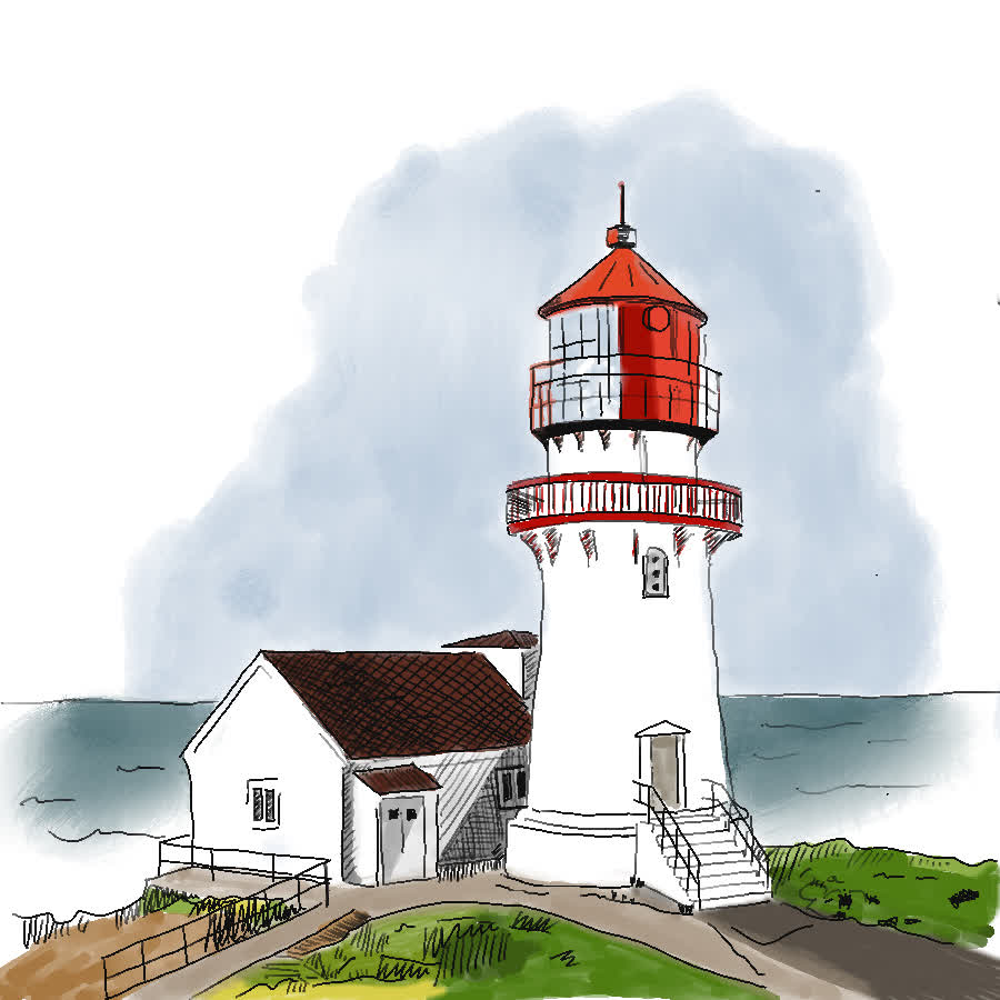 A white lighthouse with a red lantern room and red railings stands on a grassy hill beside a small white house.