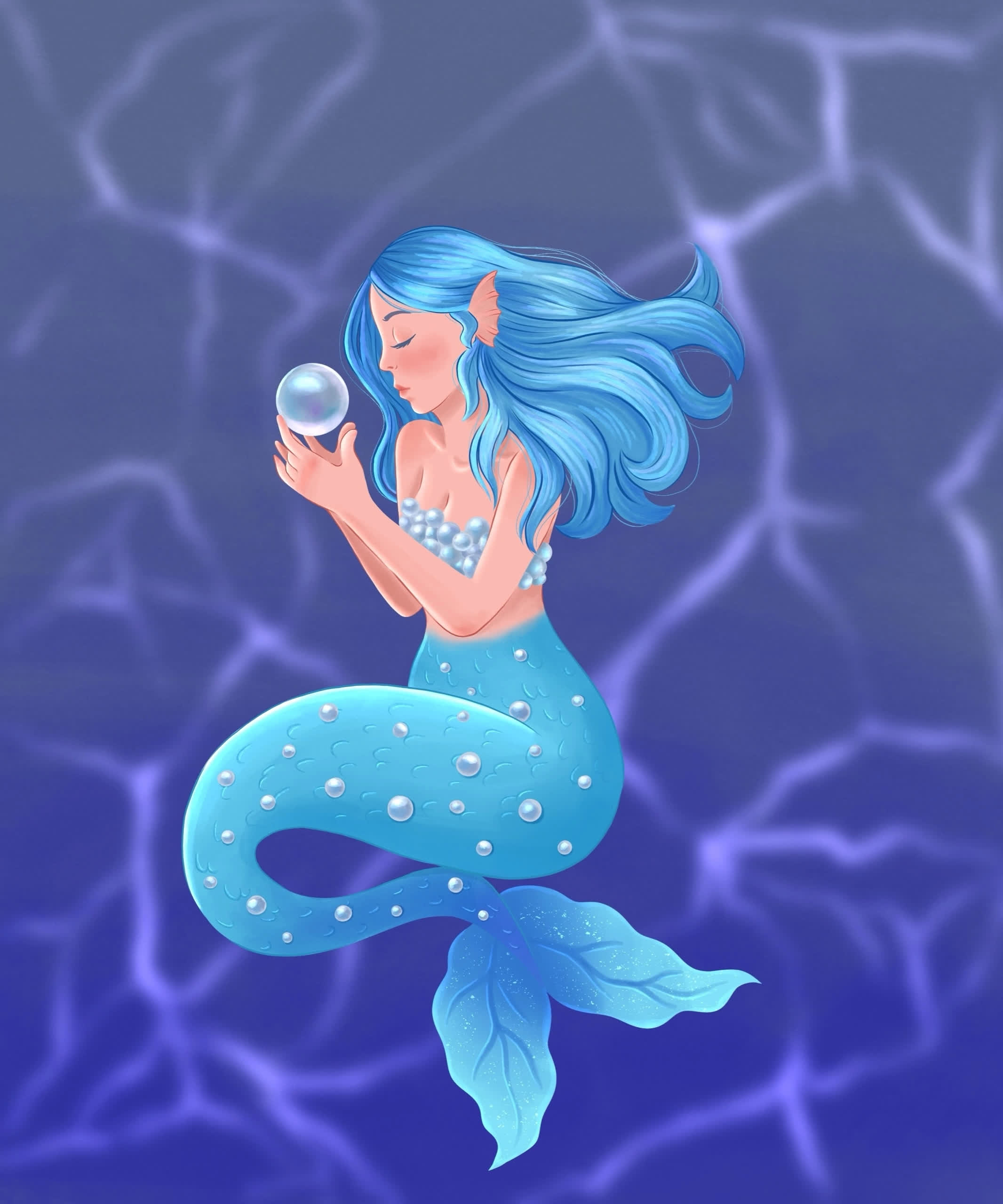 A blue-haired mermaid with closed eyes holds a glowing pearl, her tail curling below against a purple background.