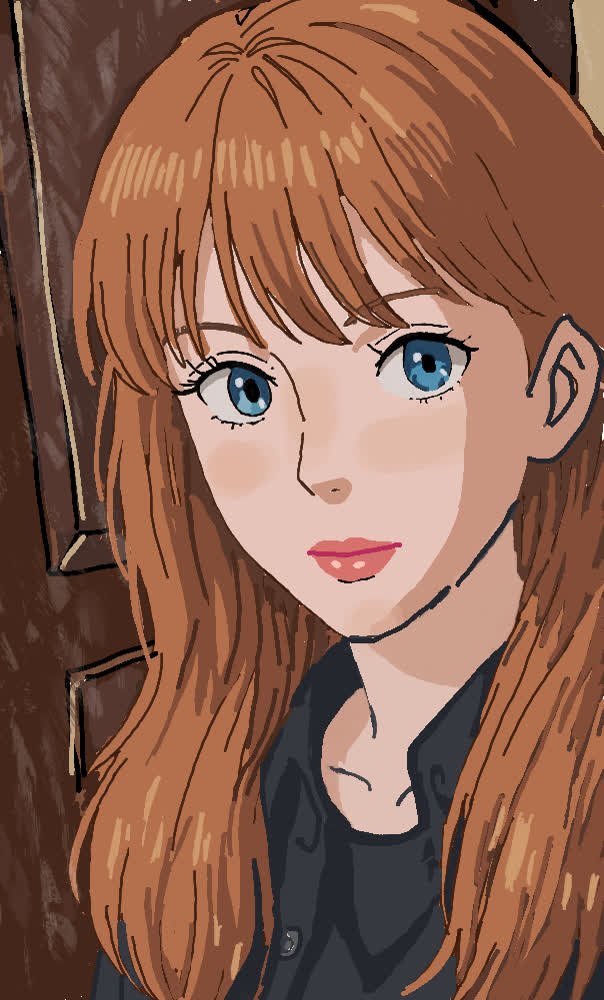 Portrait of a girl with long wavy ginger hair and blue eyes, wearing a dark top, in front of a brown wooden door.