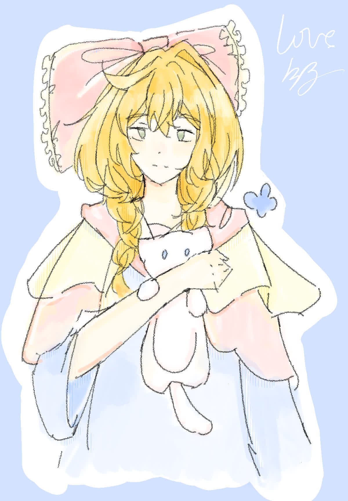 Blonde girl with a long braid and big pink frilled bow hugs a white bunny.