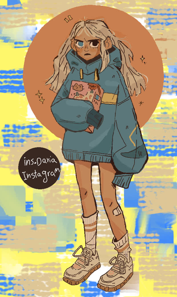A girl with wavy light hair holds a pink sticker book in an oversized teal hoodie, standing before an orange circle.