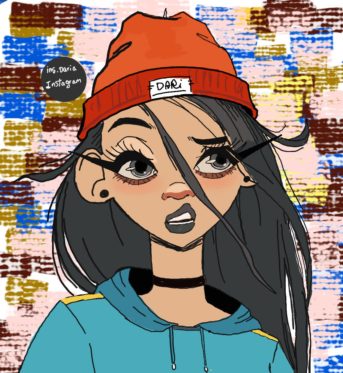 Girl with long black hair, orange beanie and teal hoodie, glancing sideways against a colorful blocky background.