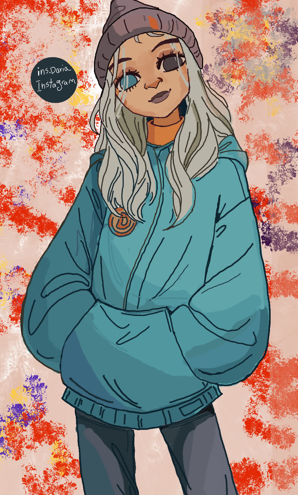 Girl with silver hair, a beanie and an oversized teal hoodie with hands in the pockets, against a splattered orange background.