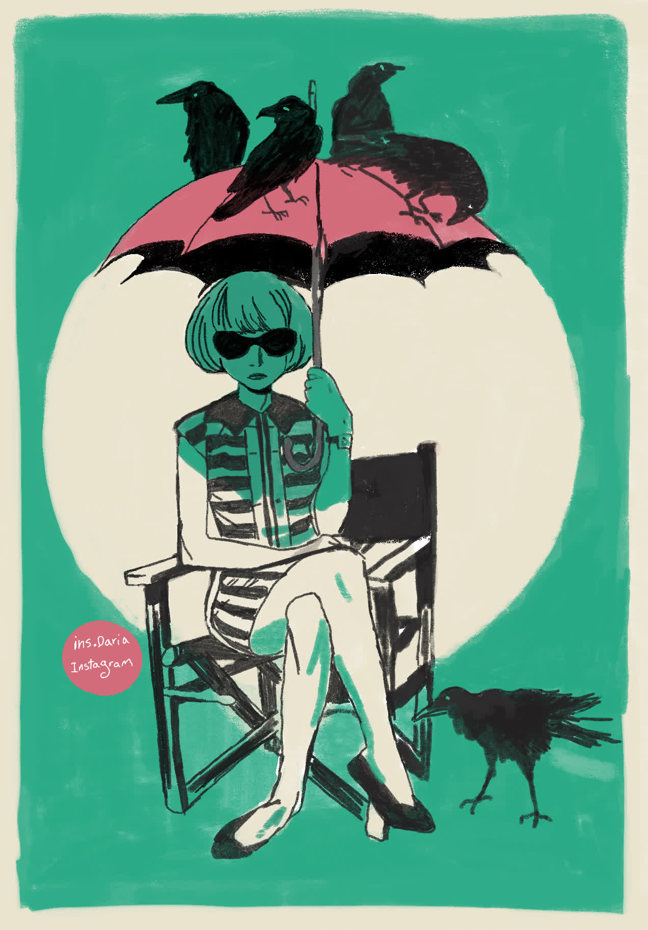 Woman with a bob and sunglasses in a striped top sits in a chair under a pink umbrella with three crows, a fourth crow at her feet.