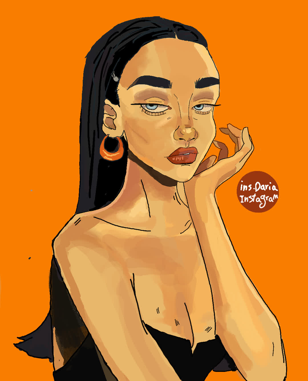 Dark-haired woman with red lips resting her hand on her cheek against an orange background, wearing an orange hoop earring.