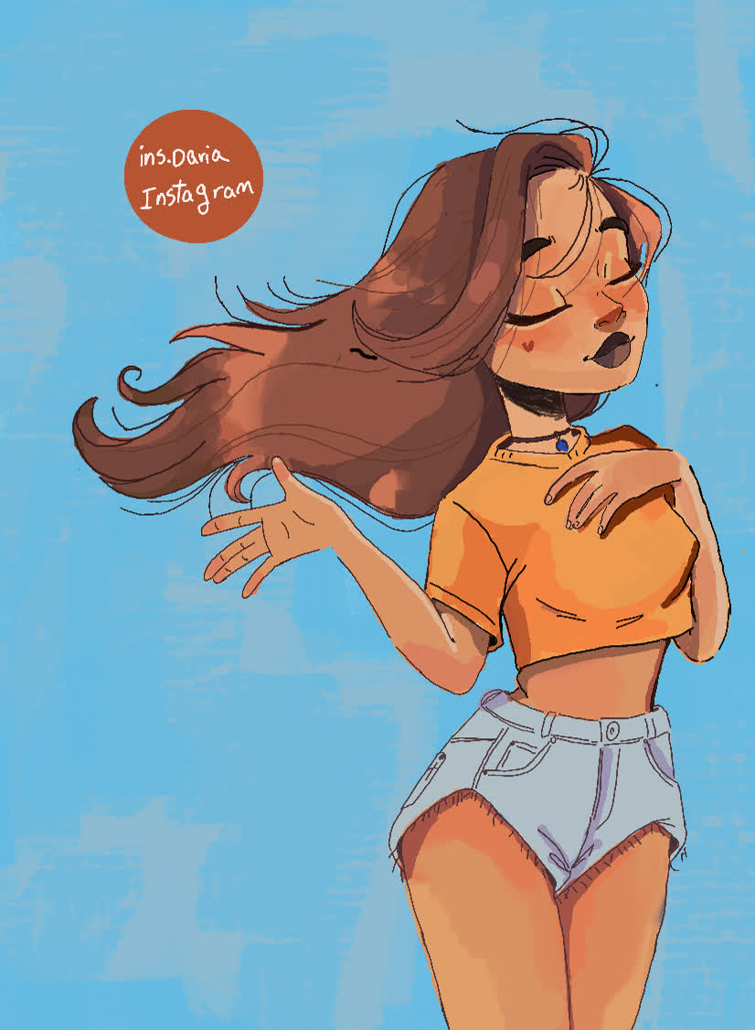 Girl with eyes closed and long brown hair blowing sideways, wearing an orange crop top and denim shorts against blue.