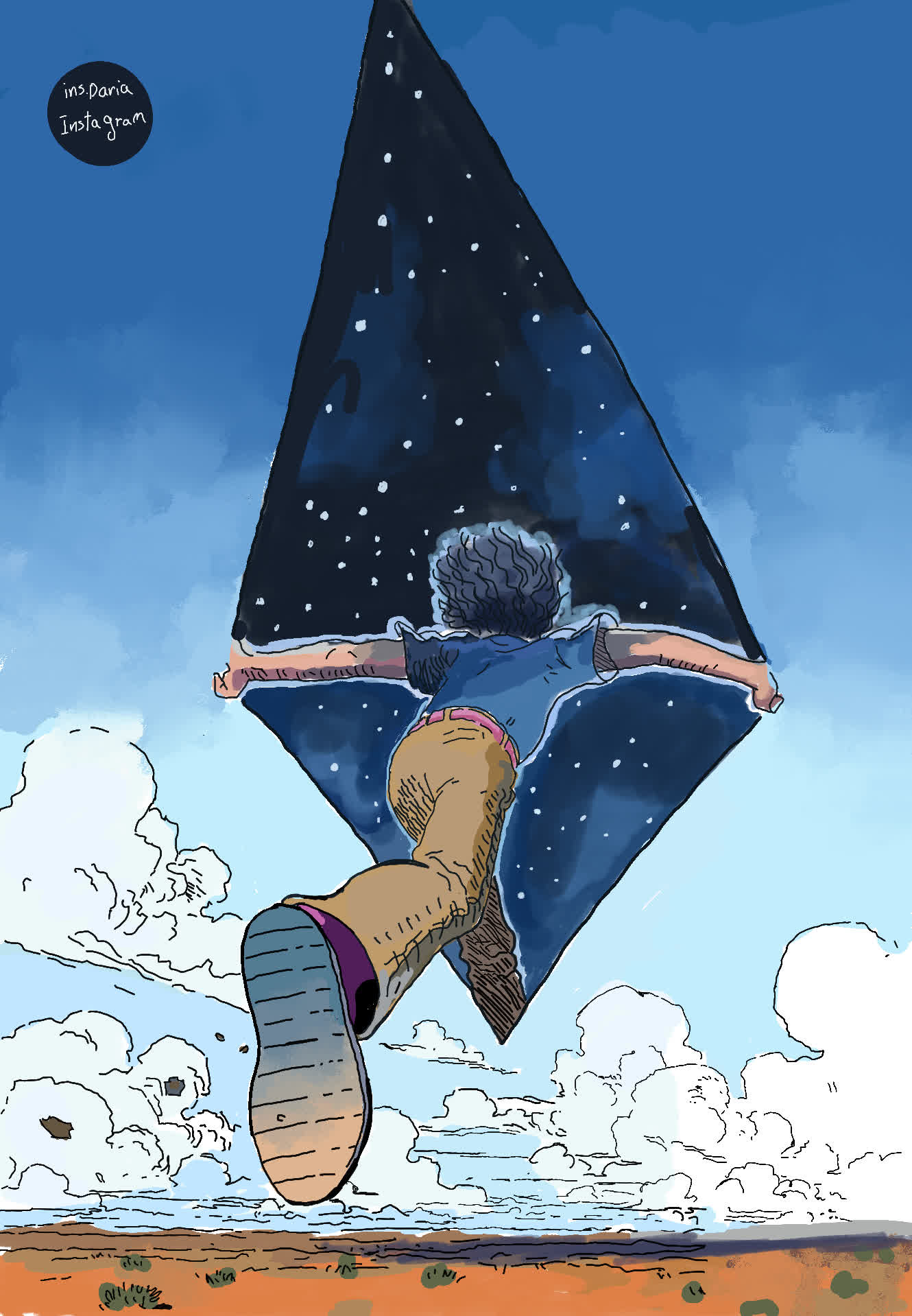 A person seen from behind hangs under a large starry triangle with arms outstretched over blue clouds.