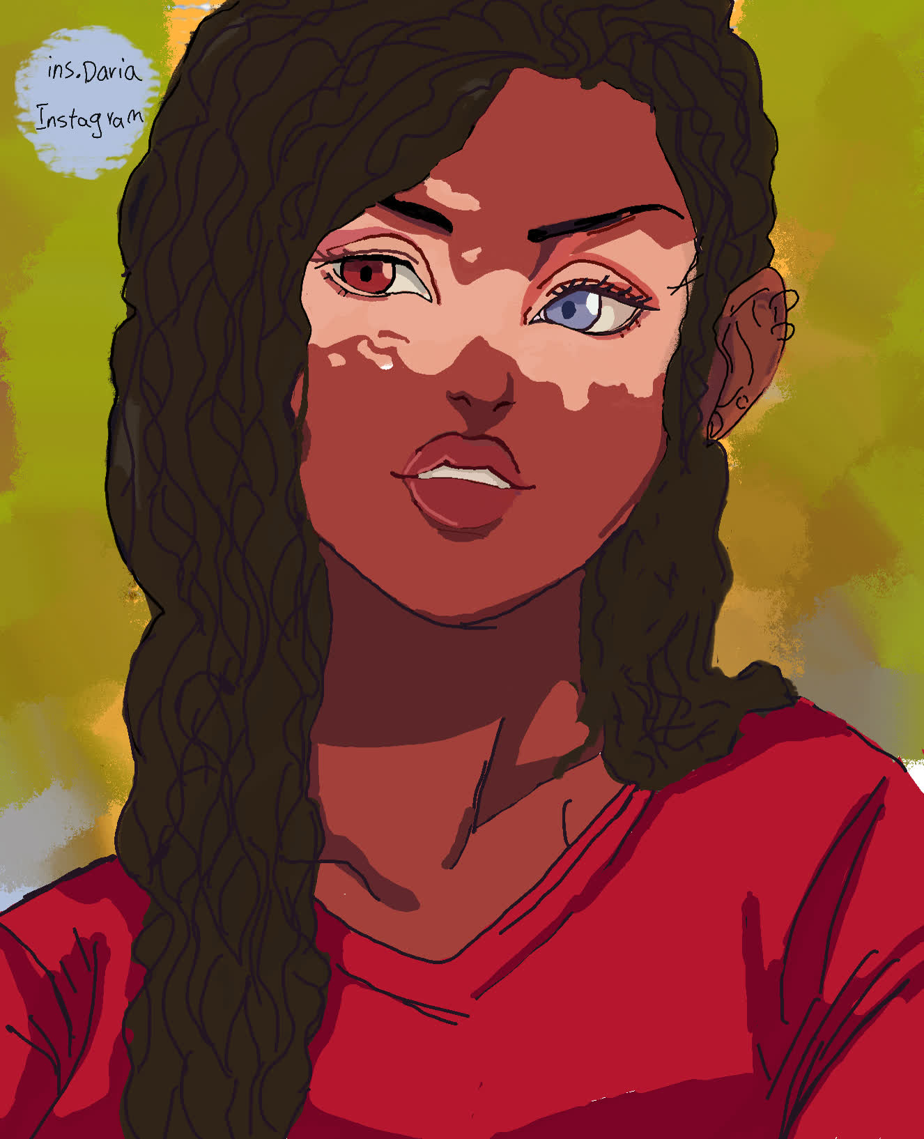 Woman with long curly dark hair, one red eye and one blue eye, wearing a red top against green.