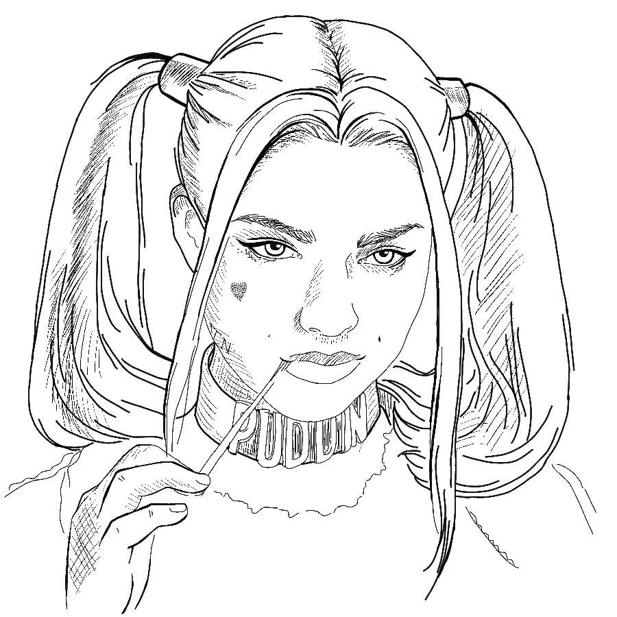 Line drawing of a girl with pigtails, a small heart on her cheek, and a candy stick between her lips.