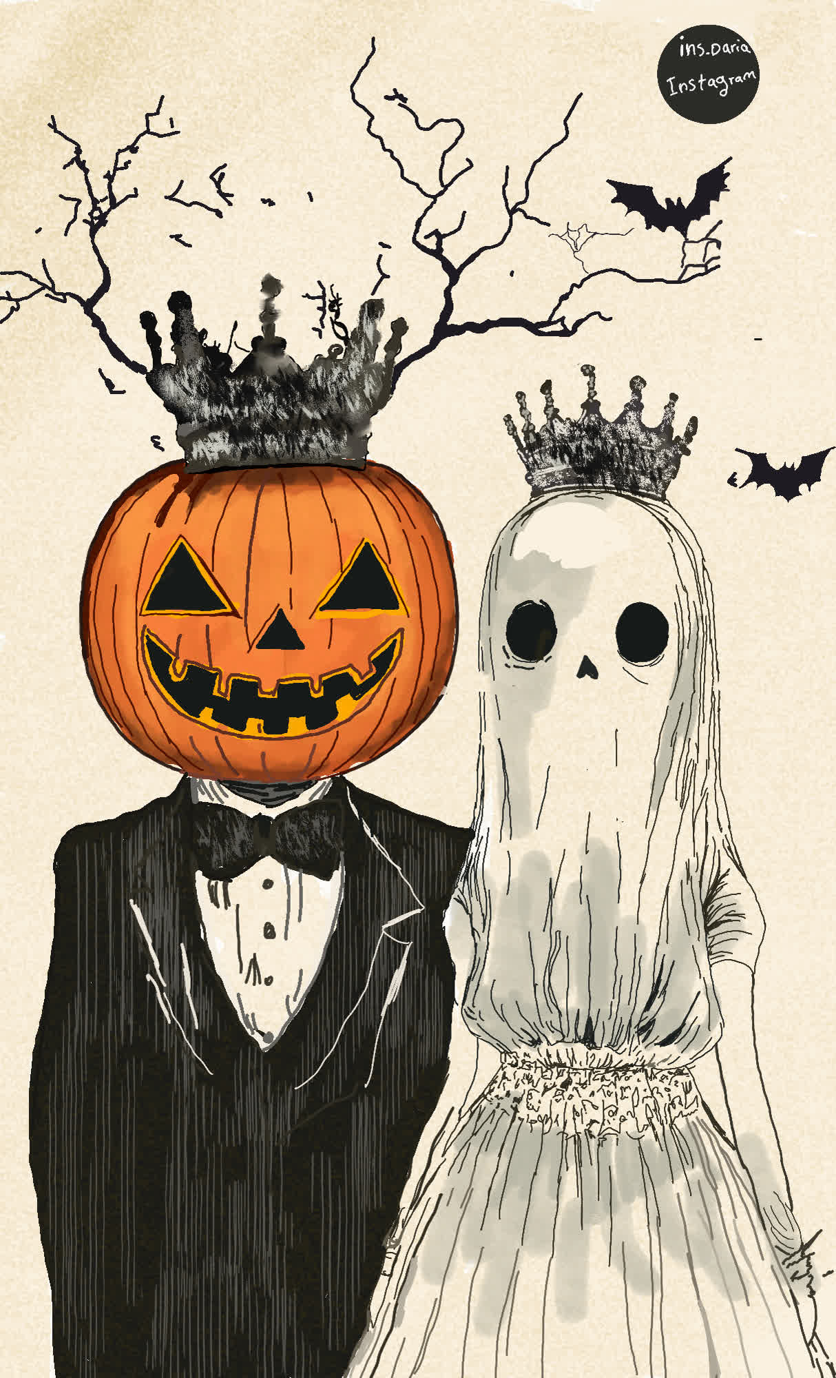 A pumpkin-headed man in a black suit stands beside a ghost bride in a long veil, both wearing crowns, with bats and bare branches behind.