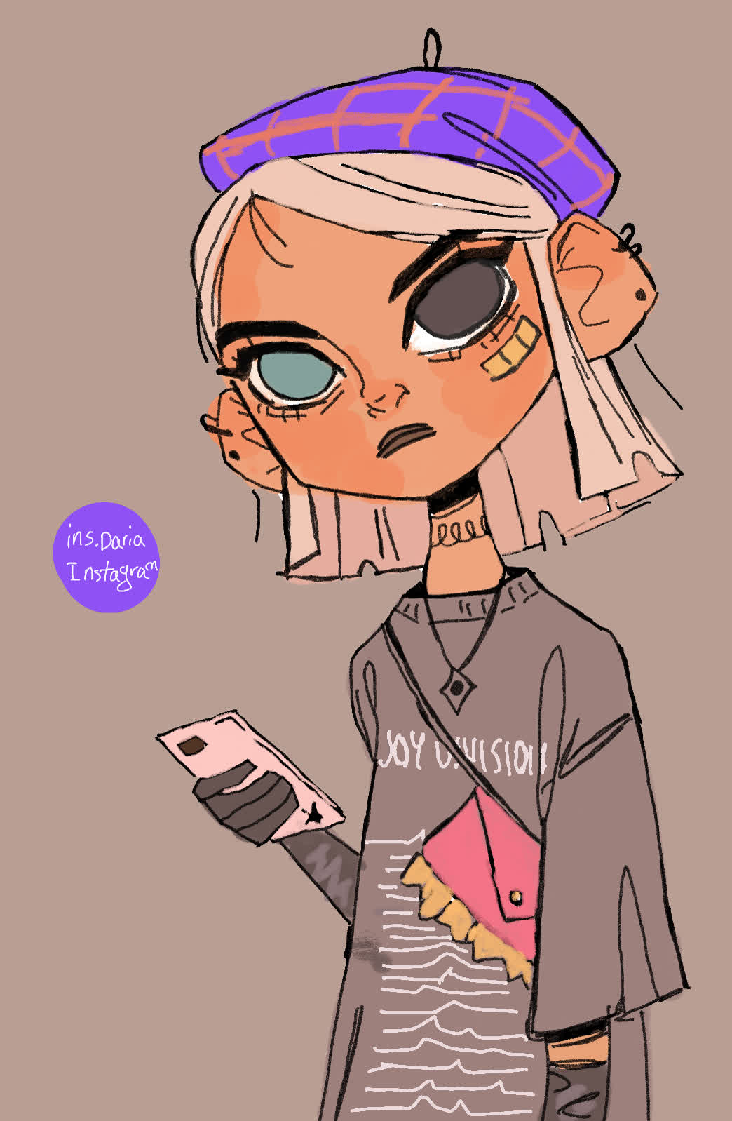 Girl with a purple checked beret and a patched eye holds a pink phone.