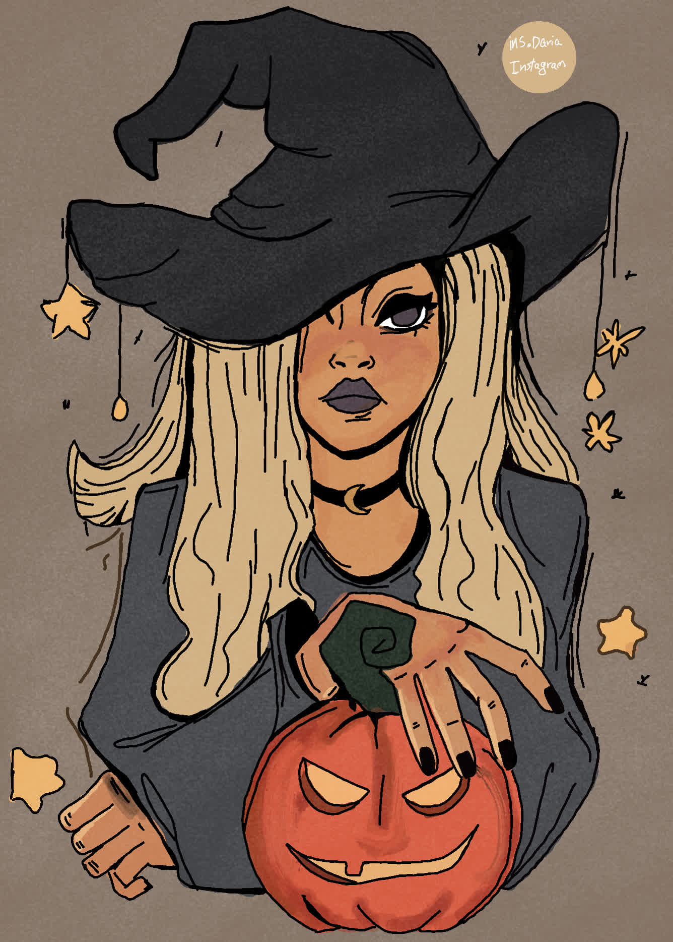 Blonde witch in a black pointed hat resting her black-nailed hand on a grinning jack-o'-lantern.
