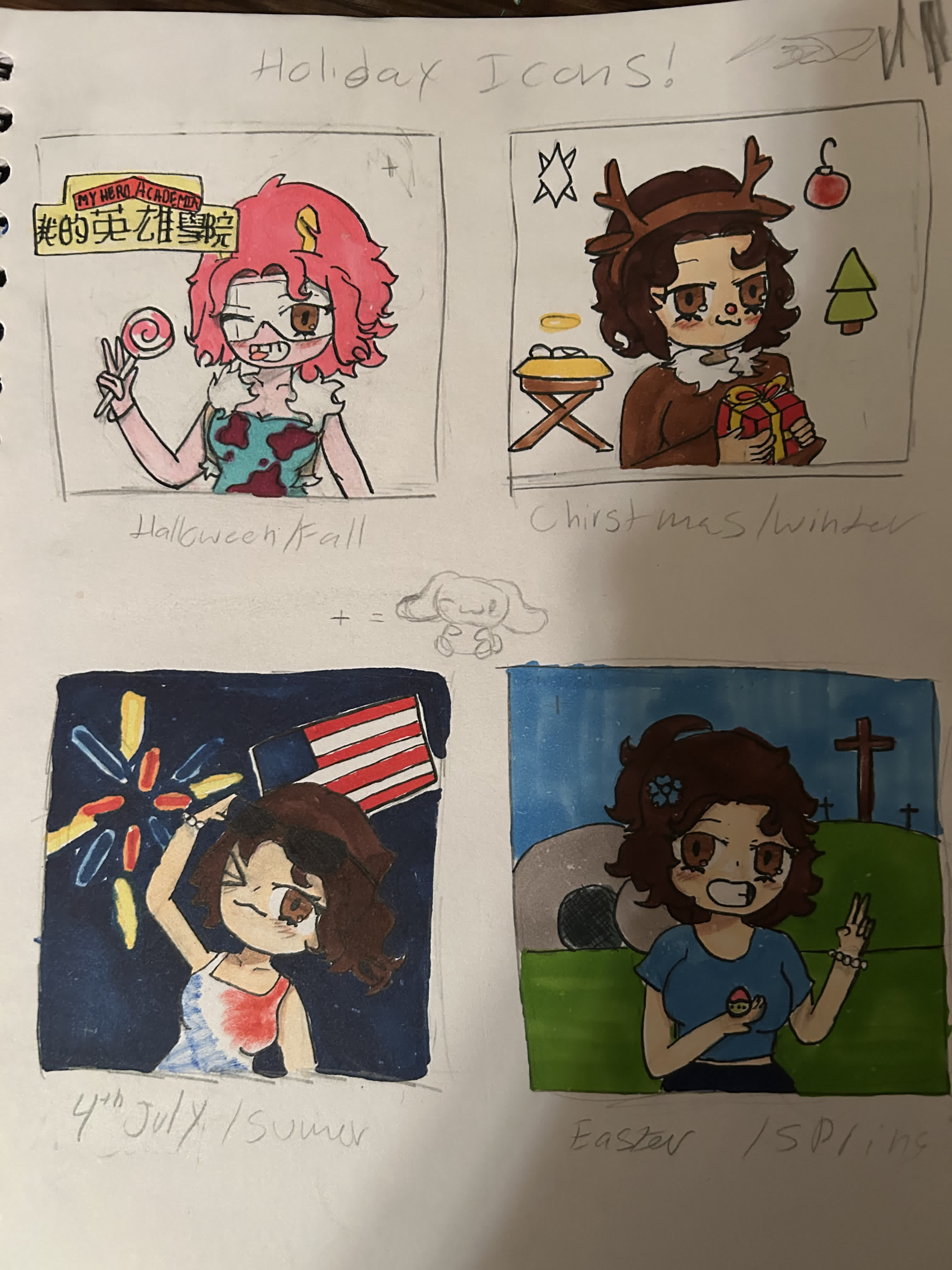 Four chibi girls in framed panels for Halloween, Christmas, Fourth of July and Easter on a notebook page.