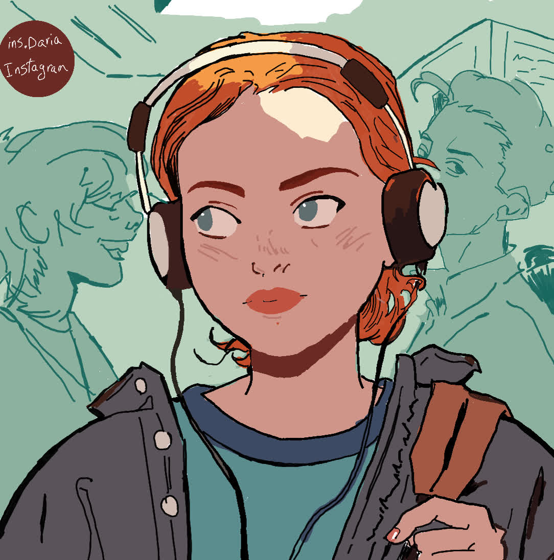 Redhead girl with freckles and headphones looks sideways, with teal sketched figures behind her.